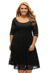 Sexy Black Floral Lace Sleeved Fit and Flare Curvy Dress